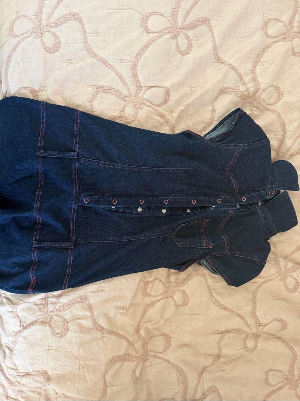 Dark Indigo Denim Button-Up Dress with Pink Topstitching
